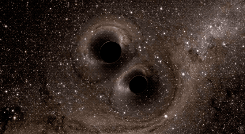 Simulación artística de la colisión entre dos agujeros negros GW150914, la primera detectada mediante ondas gravitacionales.