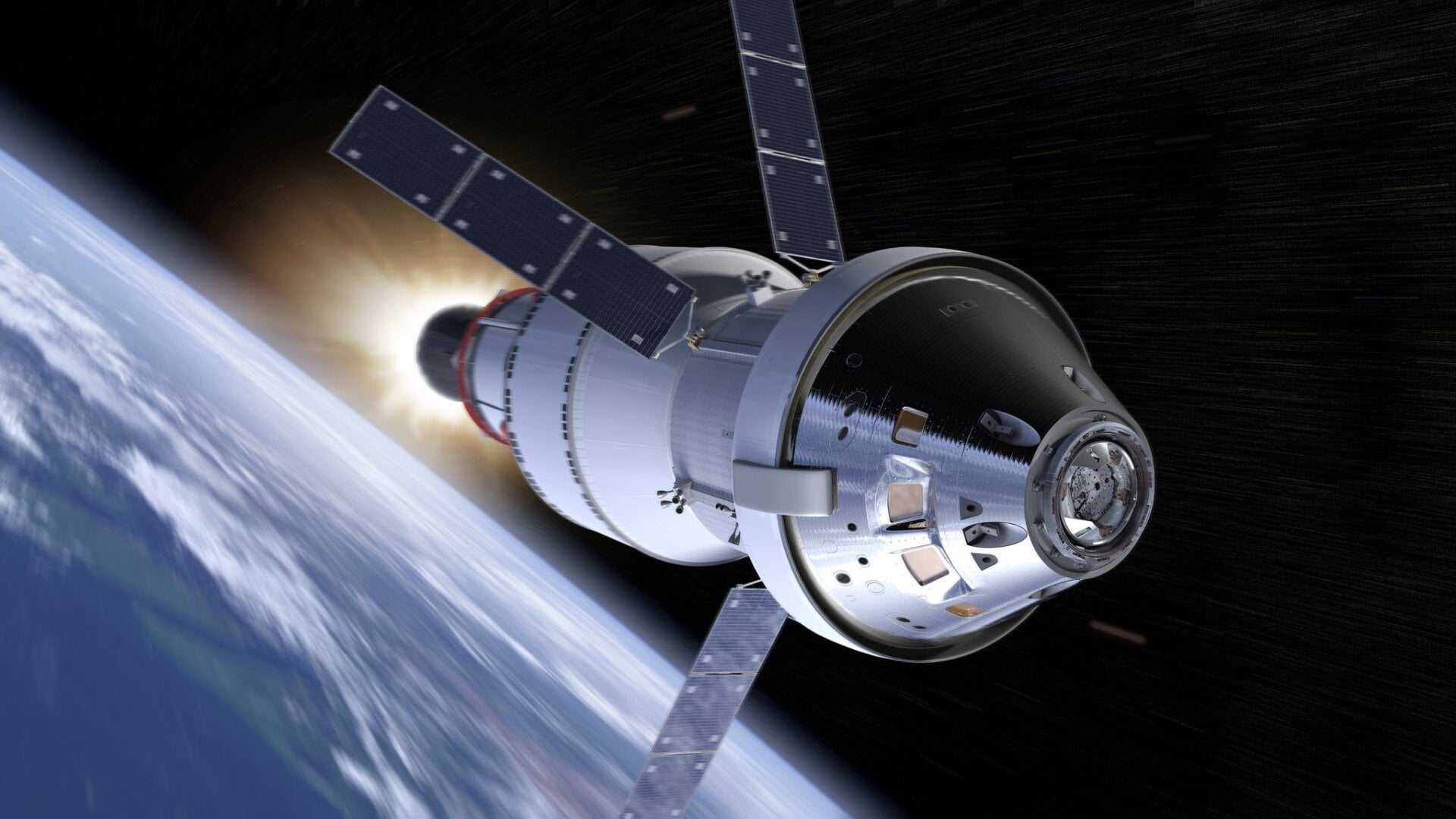 Concepción artística de la cápsula Orion alejándose de la Tierra.