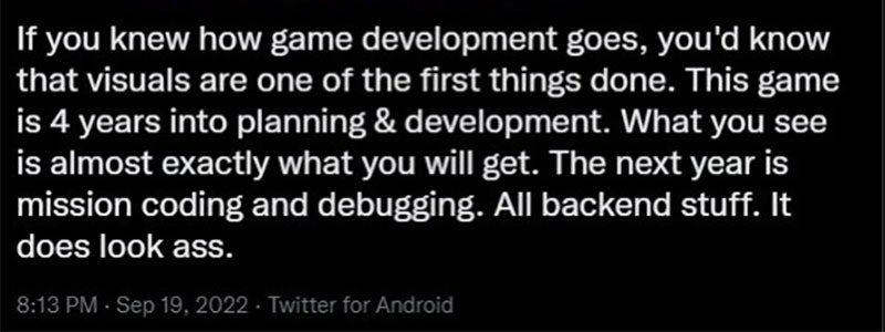 “Si supieseis cómo funciona el desarrollo de videojuegos, sabríais que los elementos visuales son una de las cosas que se hacen. Este juego lleva cuatro años de planificación y desarrollo. Lo que veis es casi exactamente lo que tendréis. El próximo año es para preparar el código y corregir bugs. Todo cosas de backend. Parece una mierda.