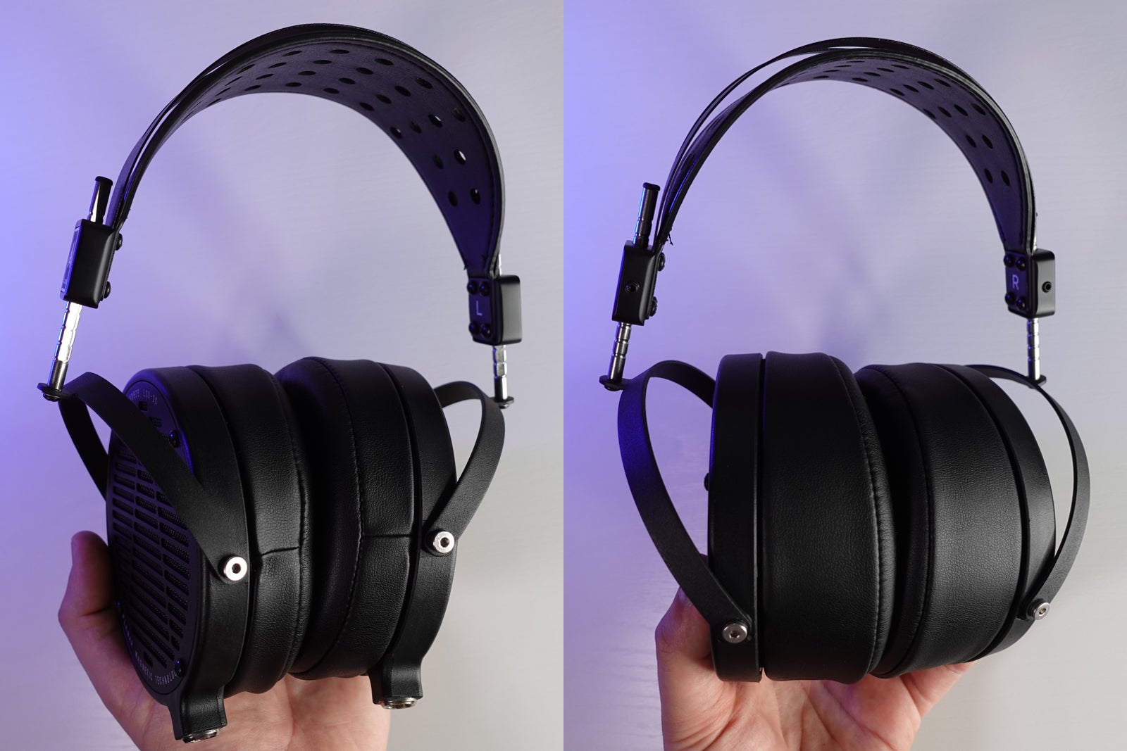 A la izquierda, la parte frontal de los auriculares. A la derecha, la parte trasera. En las fotos se puede apreciar la diferencia en el grosor de las almohadillas desde su parte frontal hasta la trasera, para obtener un ángulo de inclinación al usarlos.