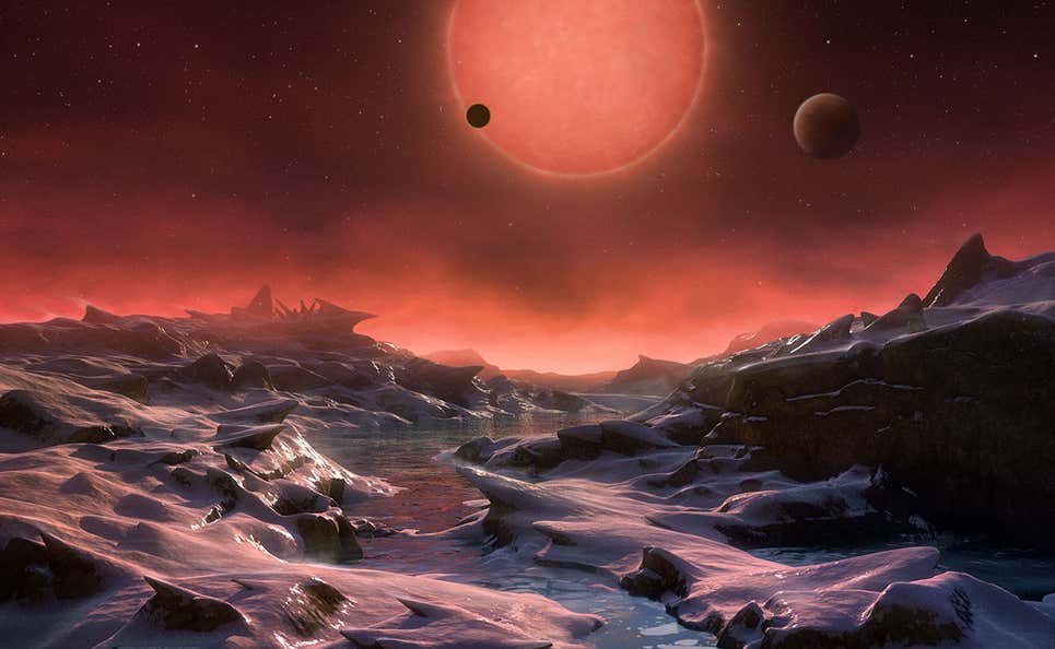 Representación artística del paisaje sobre uno de los planetas del sistema Trappist-1