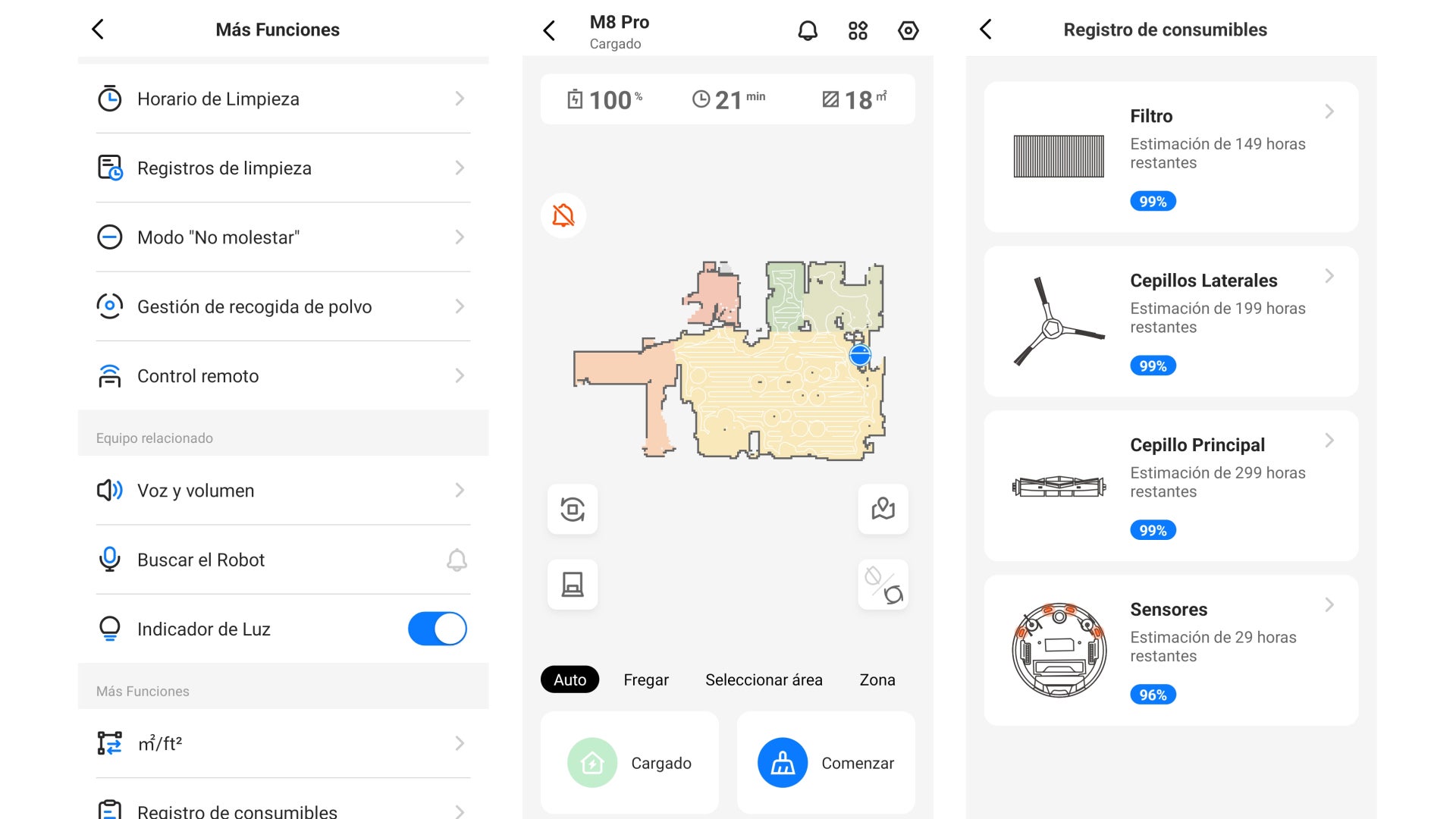 Estos son algunos de los menús que incluye la app de Proscenic