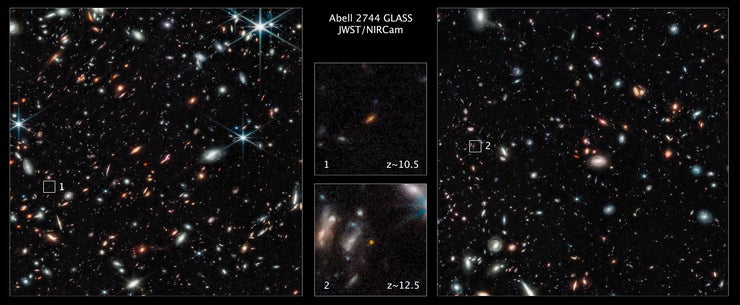 Estas galaxias (las que aparecen en el recuadro) aparecieron 450 y 350 millones de años después del Big Bang