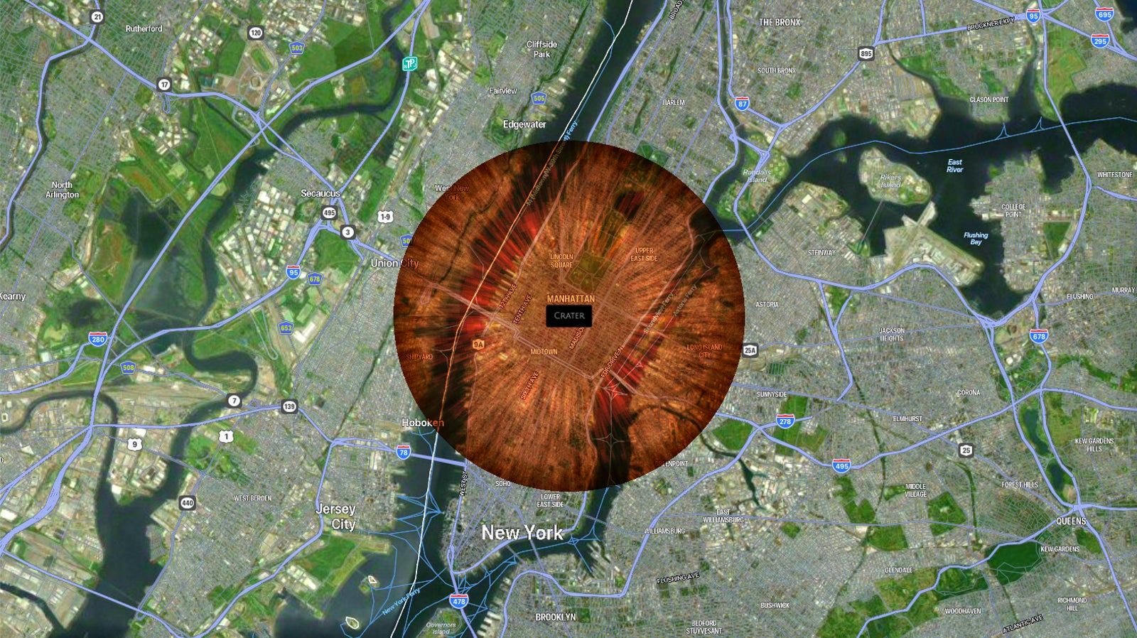 Apunté un asteroide de hierro de 1500 pies que viajaba a 38 000 millas por hora con un ángulo de impacto de 45 grados en la oficina de Gizmodo en Midtown, Manhattan