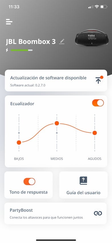Así se ve la app JBL Portable desde la que tenemos un pequeño ecualizador