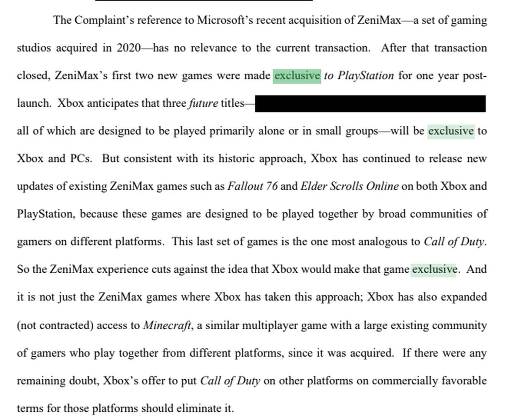 Fragmento de la respuesta a la FTC donde se confirma que tres de los juegos de Bethesda serán exclusivos de Xbox y PC