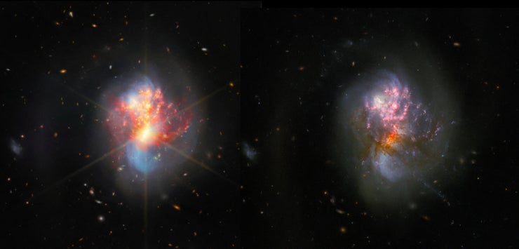 La fusión de galaxias IC 1623 a ojos del Webb (izquierda) y Hubble (derecha)