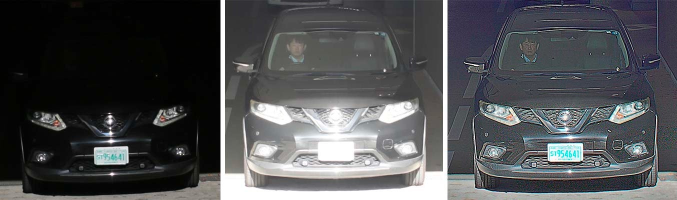 Imágenes de un coche saliendo de un parking capturadas por una cámara con un sensor convencional que sobreexpone o subexpone partes de la imagen (izquierda y centro), en comparación con una imagen del coche capturada por el nuevo sensor de Canon (derecha).