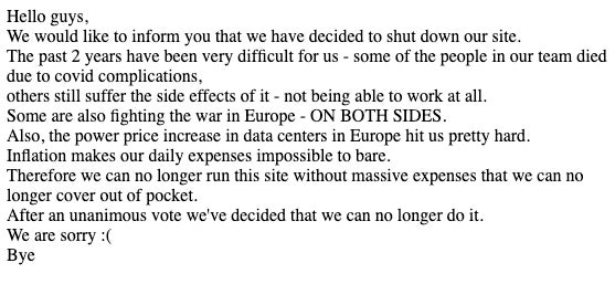 El comunicado del cierre de Rarbg en su página.