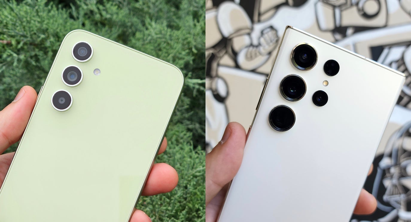A la izquierda, el Galaxy A54 con diseño renovado. A la derecha, el Galaxy S23 Ultra.