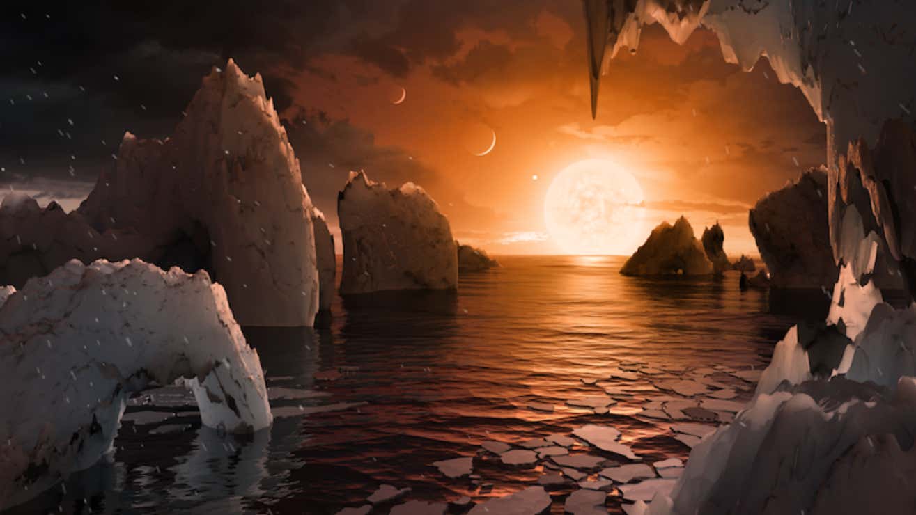 Interpretación artística de la superficie de uno de los planetas del sistema TRAPPIST-1.
