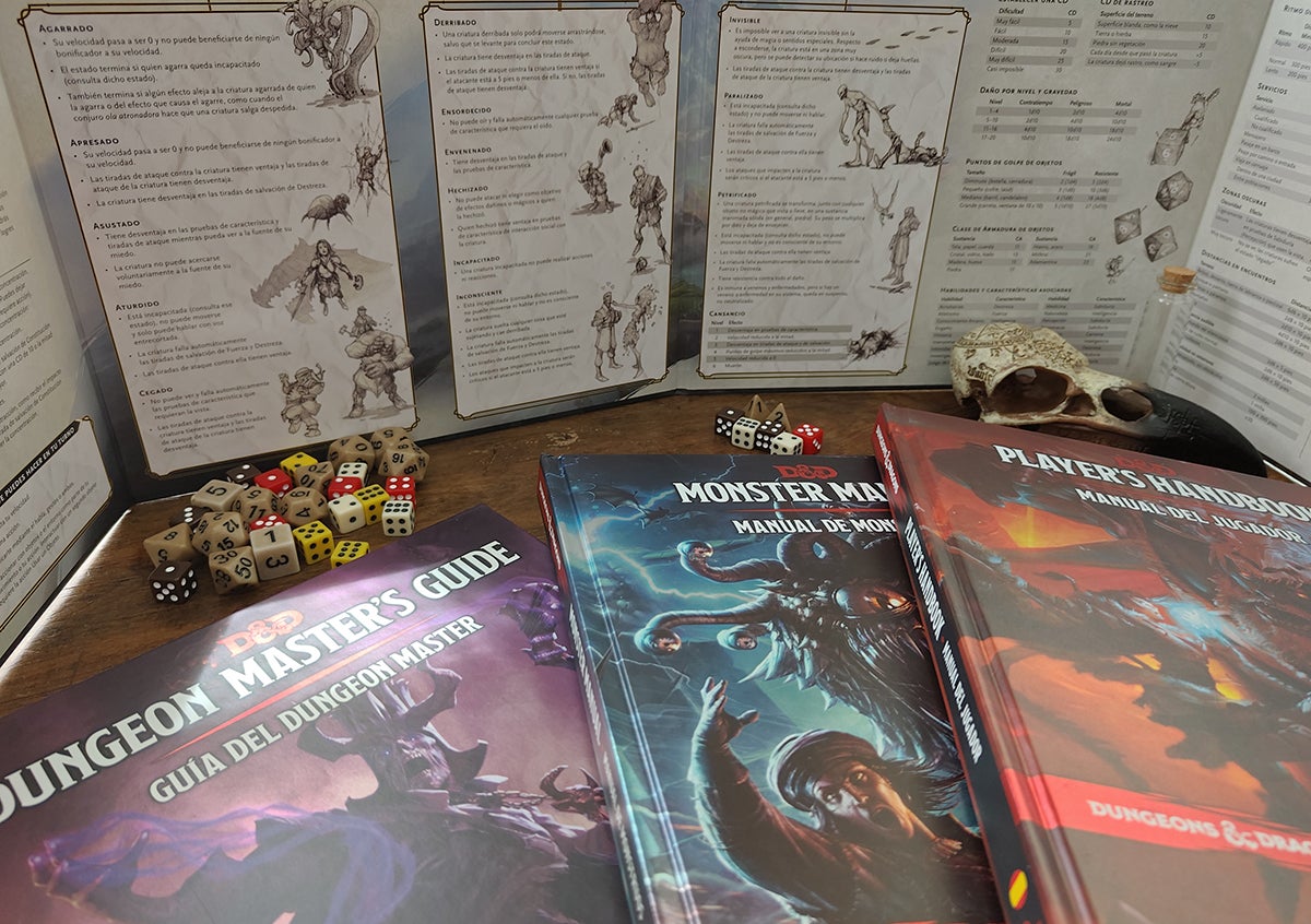 Aspecto de los tres libros básicos de reglas con la pantalla del DM de fondo. Este es mi lugar feliz.