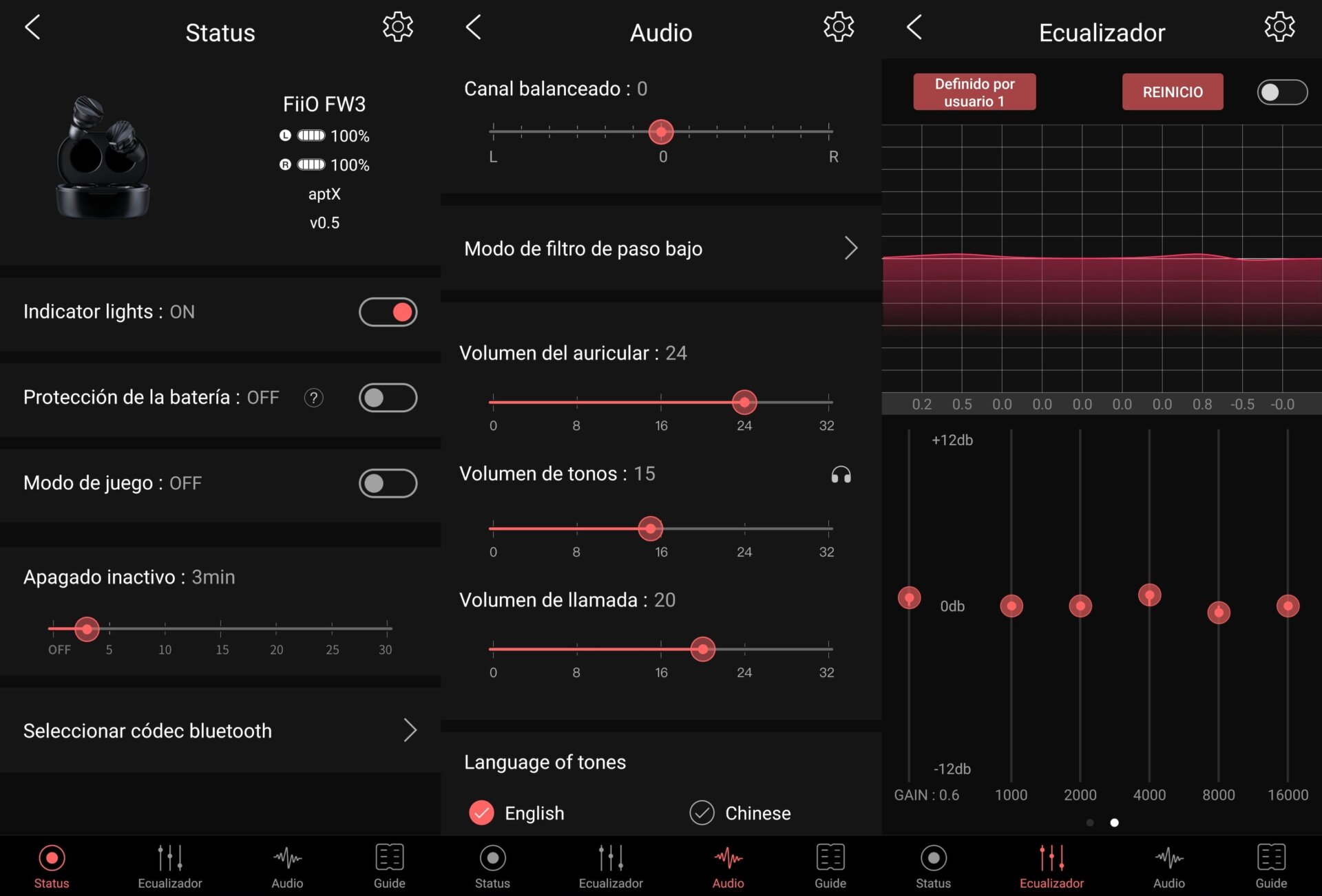 La aplicación FiiO Control incluye muchas opciones de configuración para los auriculares.