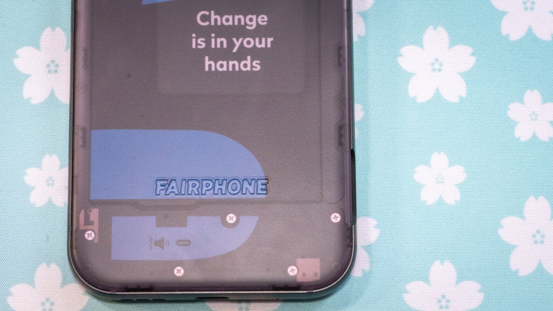 La parte trasera del Fairphone 5 es transparente. Foto: Florencia Ion / Gizmodo