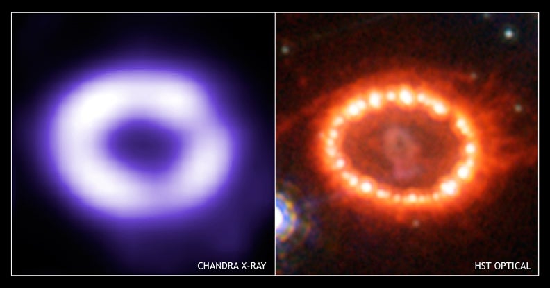 SN1987A visto en rayos X (izquierda) y luz visible (derecha).