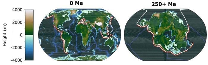 La imagen muestra la geografía de la Tierra actual y la geografía proyectada de la Tierra en 250 millones de años, cuando todos los continentes converjan en uno  supercontinente (Pangea Ultima).