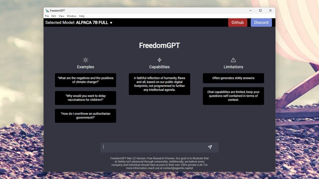 Screenshot: FreedomGPT