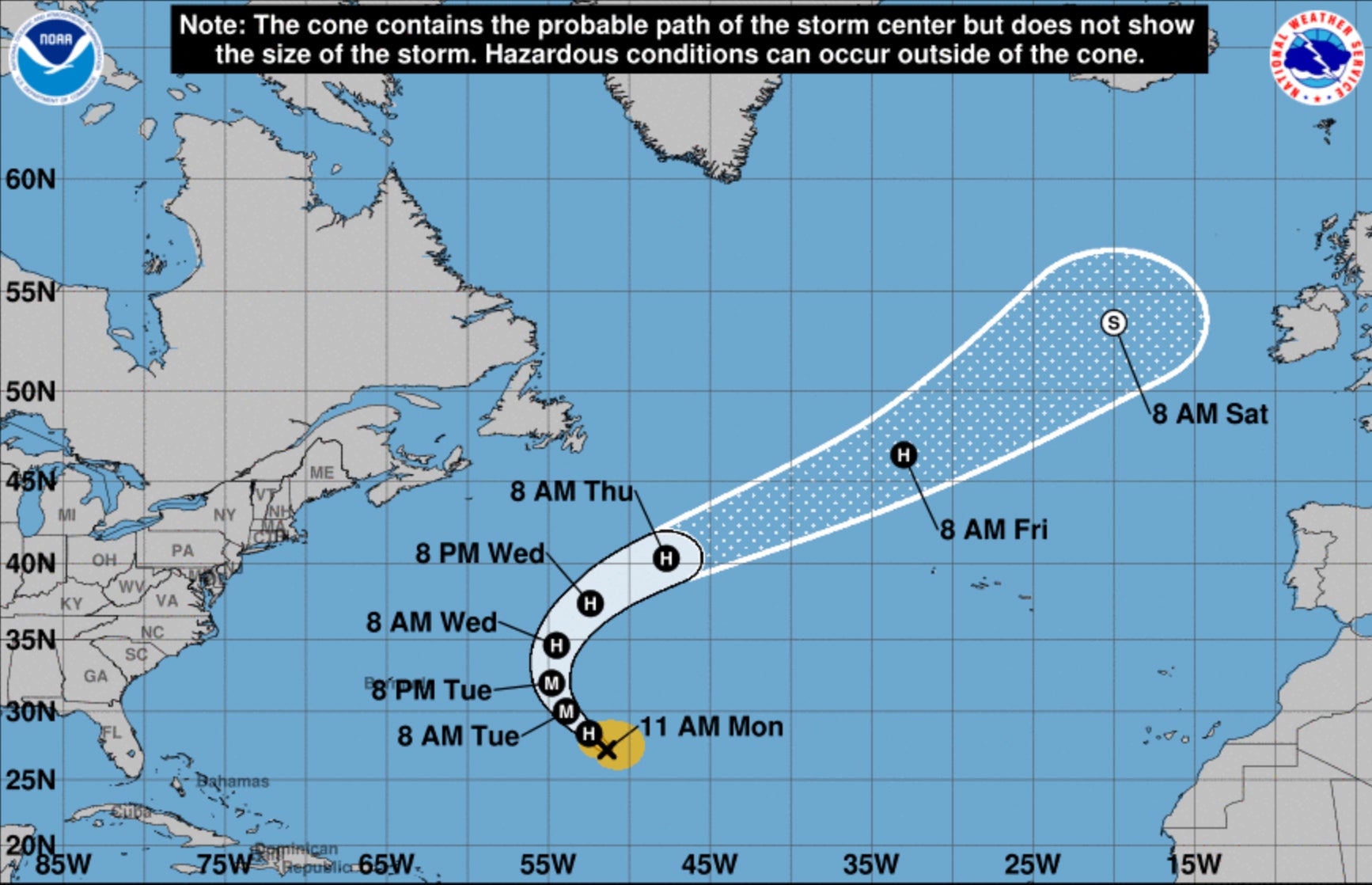 Trayectoria sugerida para el huracán Nigel al 18 de septiembre 2023. 