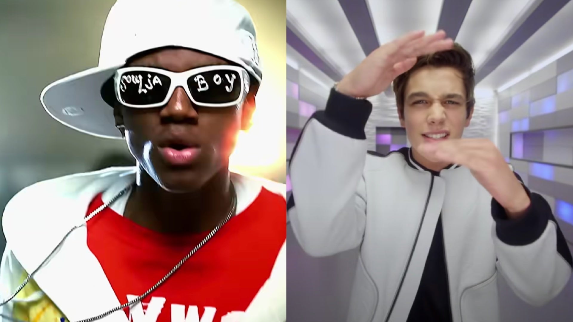 De izquierda a derecha: Soula Boy en el video musical de “Crank That (Soulja Boy)” en 2007 y Austin Mahone en el video musical  para “Mmm Sí” en 2014.