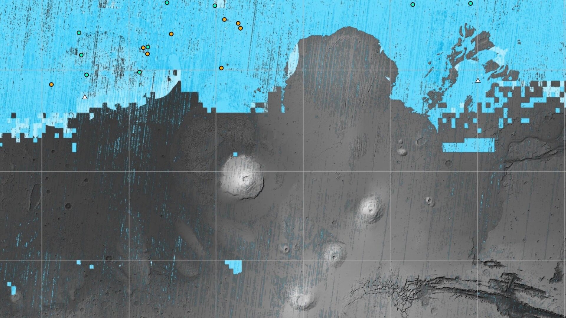 Las áreas azules en el mapa representan regiones de Marte donde las misiones de la NASA han detectado agua subsuperficial.