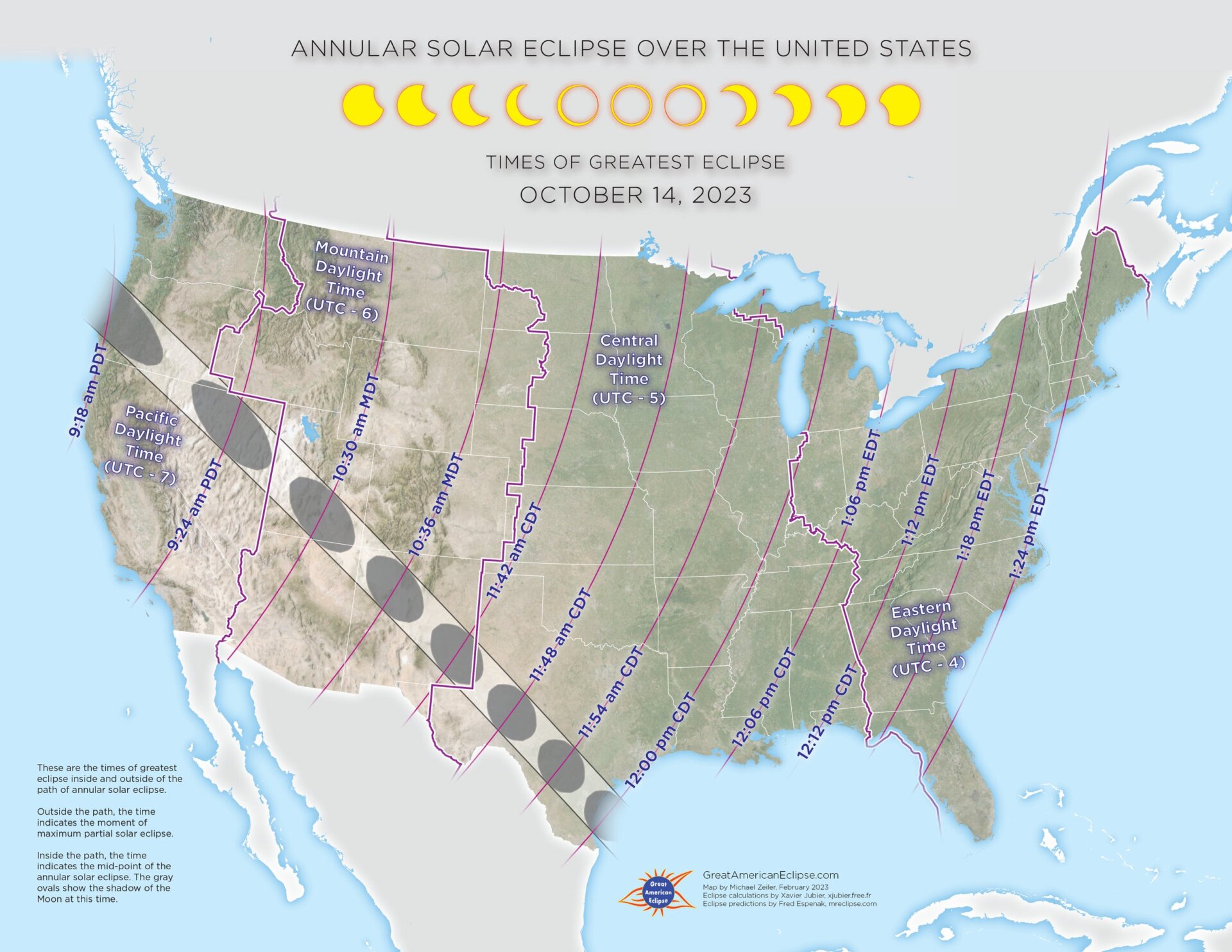 Mapa que muestra los tiempos del eclipse en los Estados Unidos.