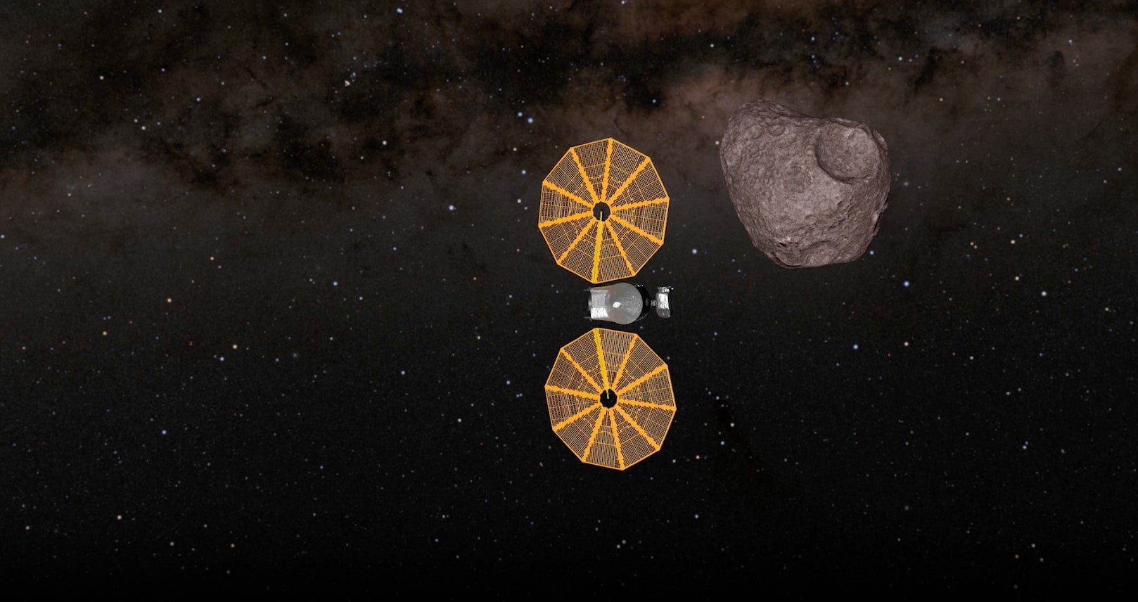 Una ilustración de la nave espacial Lucy durante su sobrevuelo del asteroide Dinkinesh.