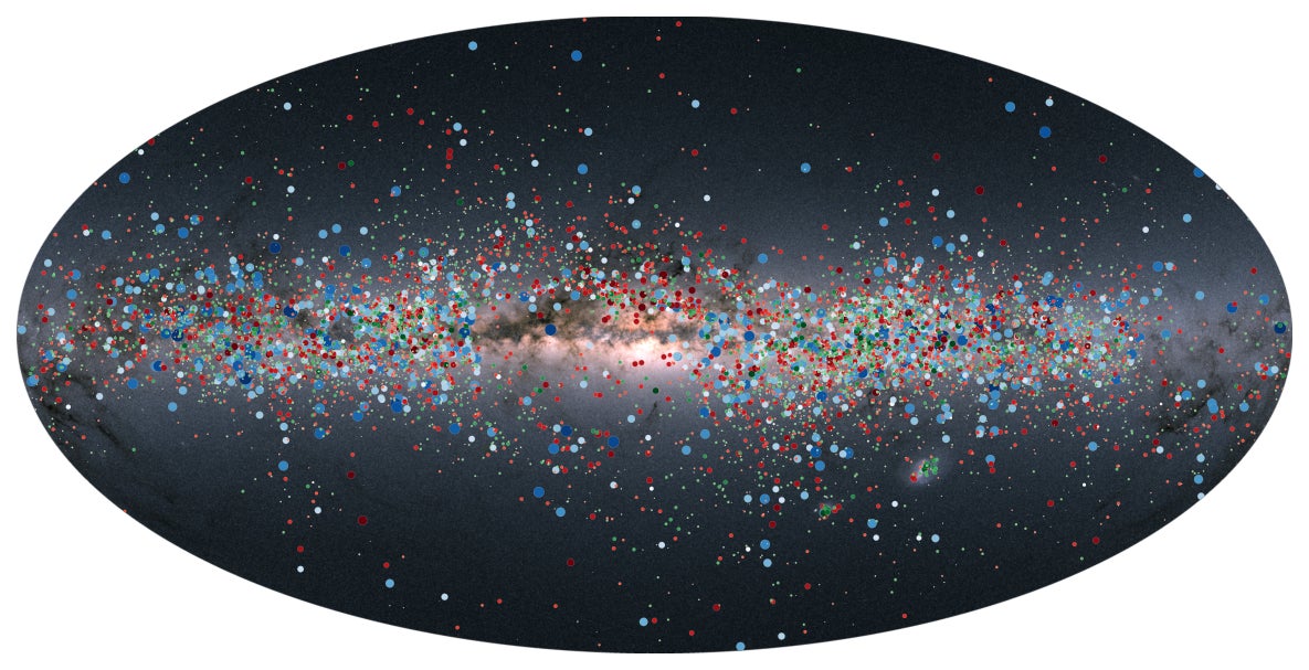 Una sección transversal de la Vía Láctea, con puntos que representan los diferentes tipos de estrellas variables vistas por Gaia.