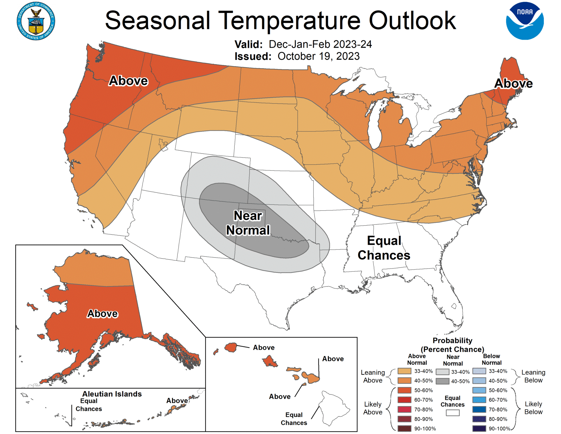 El mapa de perspectivas de temperatura para el invierno de EE. UU. para 2023-2024 muestra que las mayores posibilidades de que se produzcan condiciones más cálidas que el promedio se encuentran en el nivel norte del Estados Unidos continentales. 