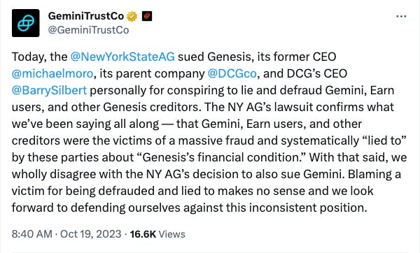 Gemini dirigió a Gizmodo a este tweet como su comunicado de prensa.