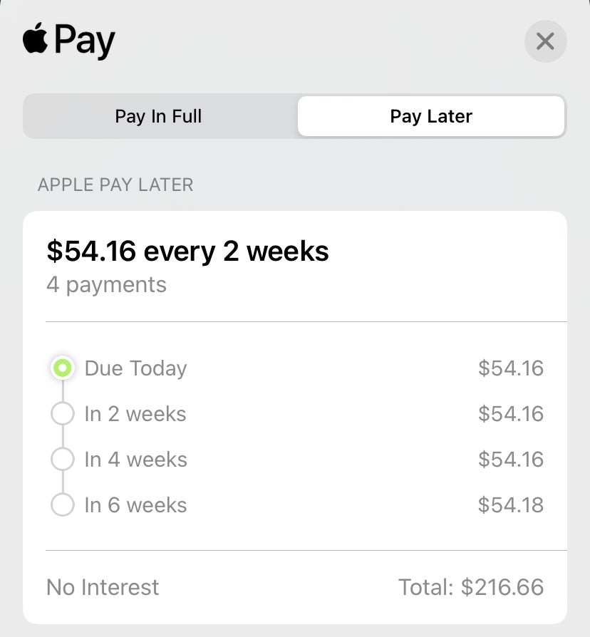 Una prueba de Gizmodo de una compra que califica para Apple Pay Later de $216,66.