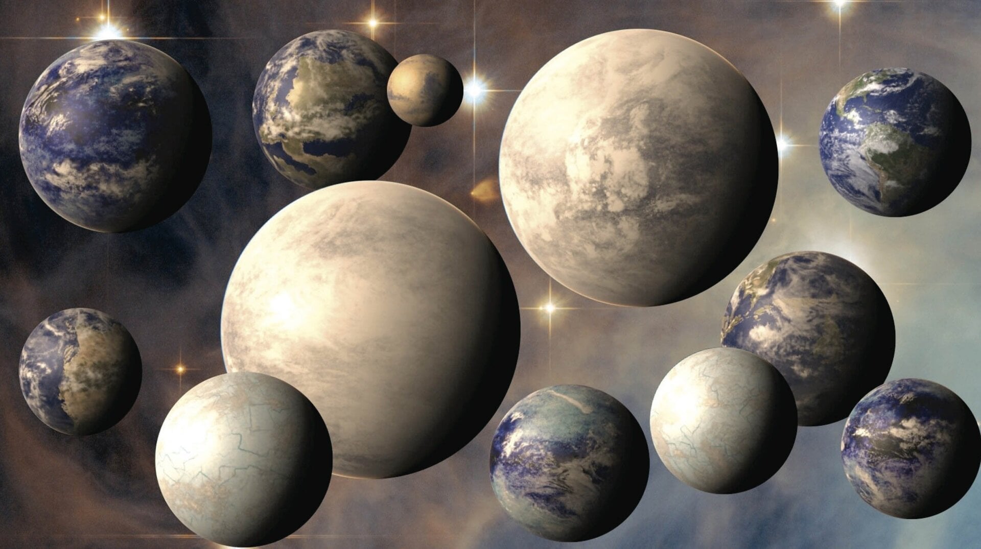 Representación artística de varios exoplanetas.