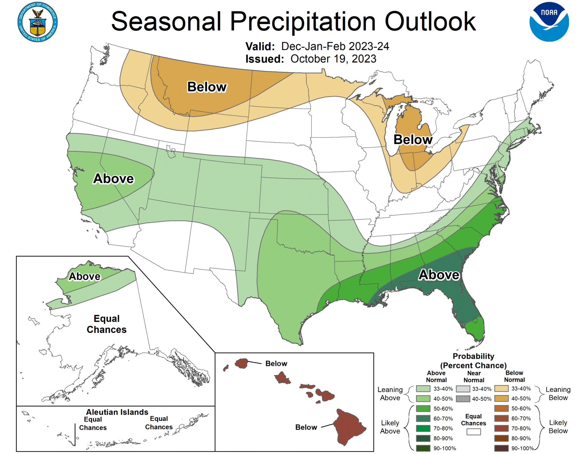 El mapa de perspectivas de precipitación para el invierno de EE. UU. para 2023-2024 muestra que las condiciones más húmedas que el promedio son más probables en el sur y el sureste y partes de California y Nevada. 