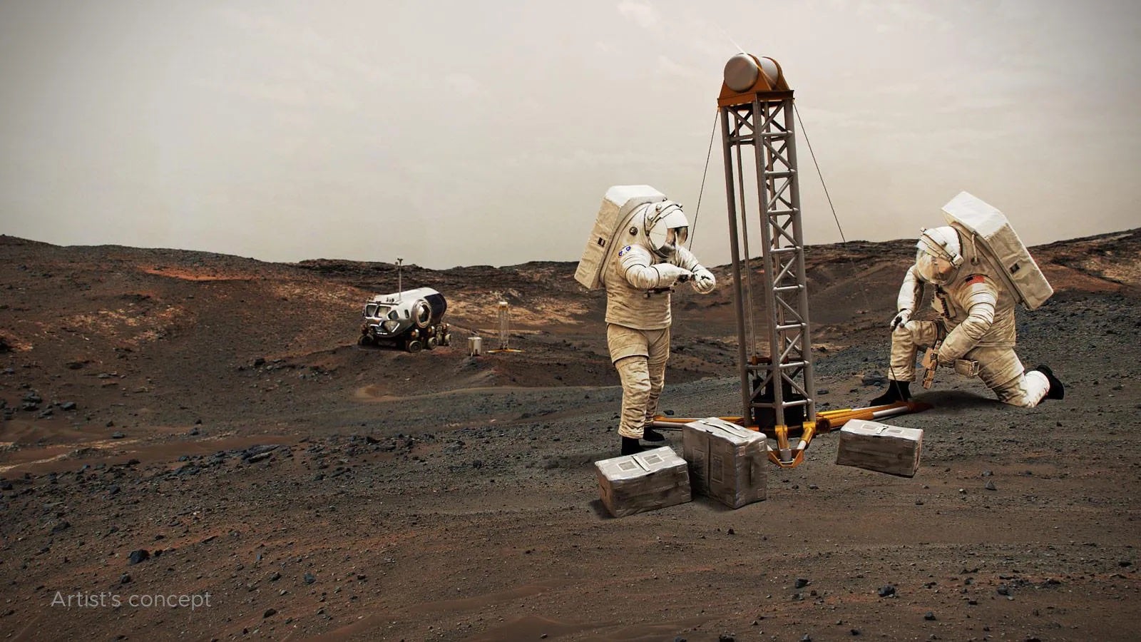 Una ilustración de astronautas trabajando en la superficie de Marte.