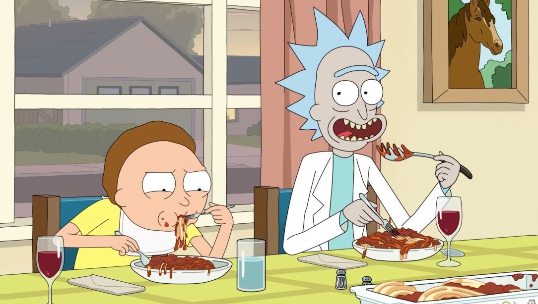 cena familiar, Rick y Morty estilo, en “Eso es Amorte”.