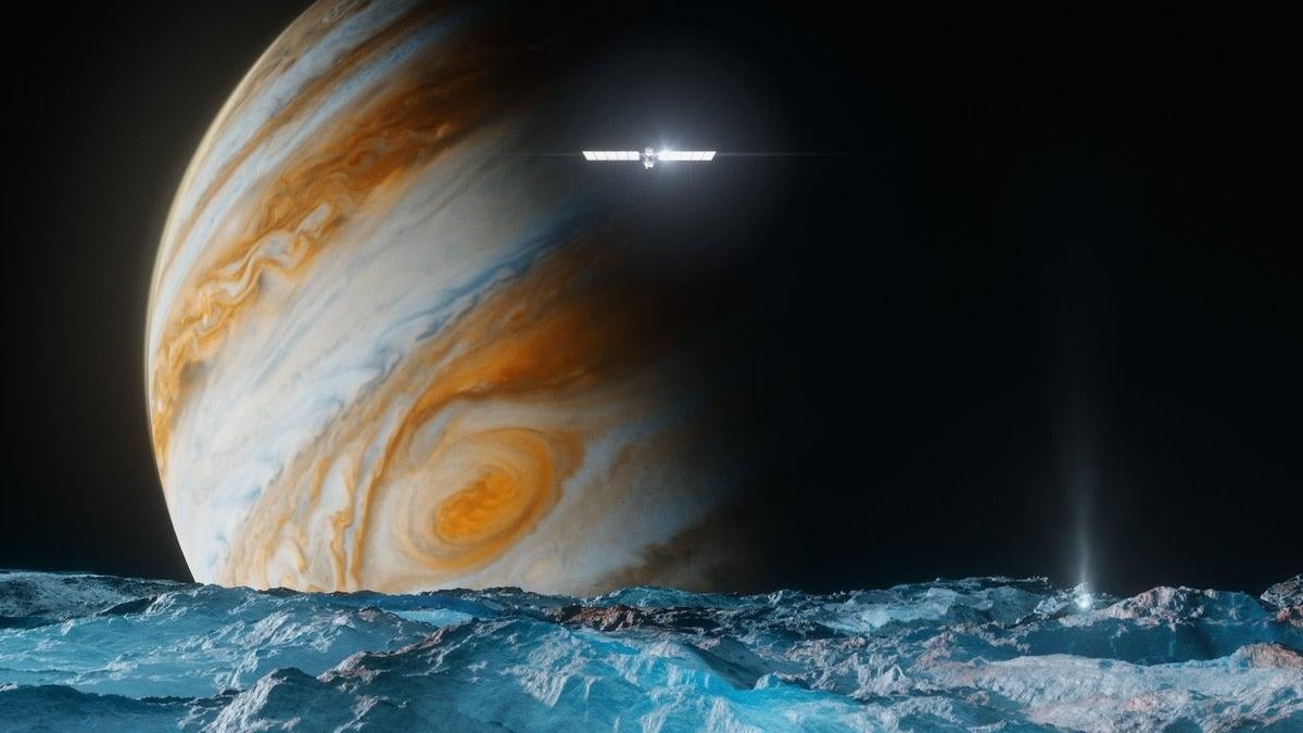 Una ilustración del Europa Clipper con un fondo de Júpiter.