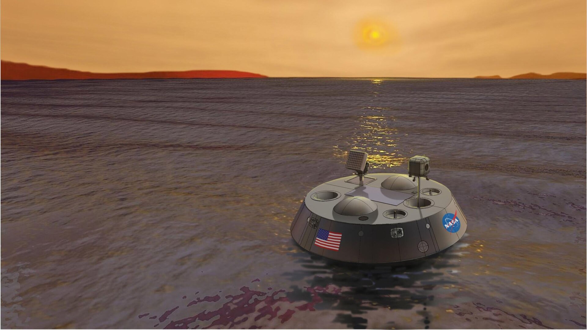 Concepción artística de una sonda flotando en Titán, la luna de Saturno.