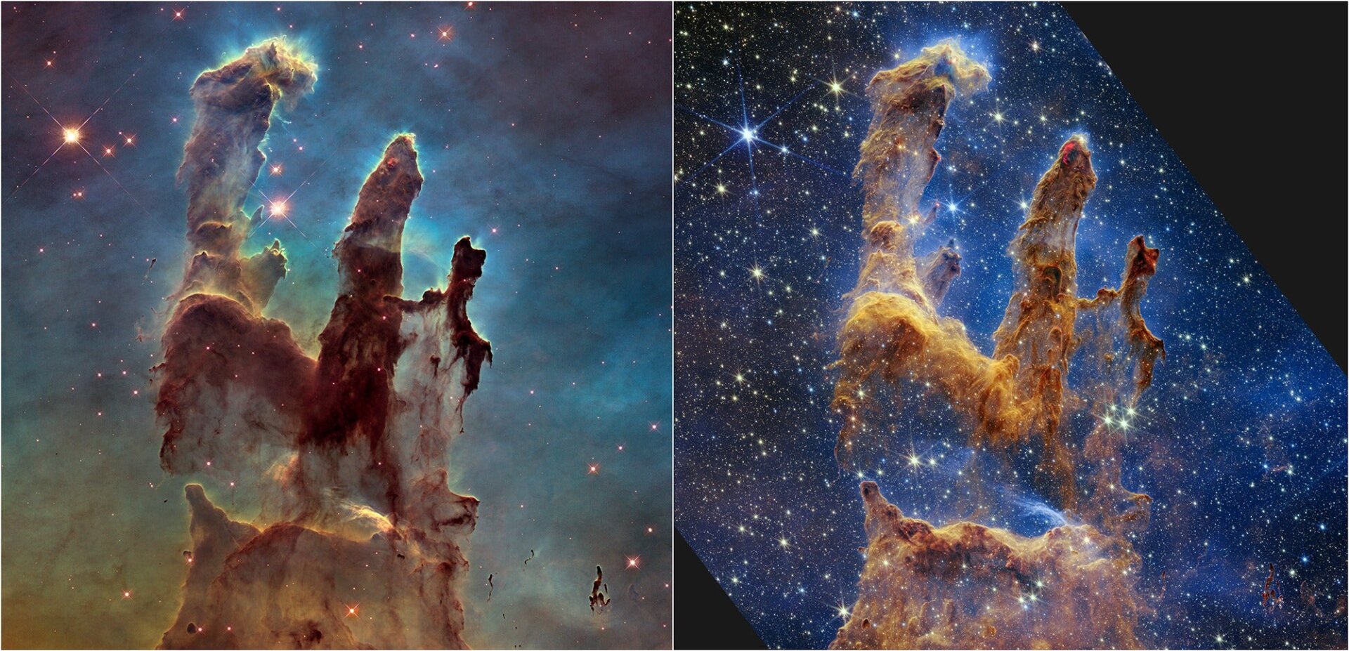 Los Pilares de la Creación vistos por el telescopio espacial Hubble (izquierda) y el telescopio espacial Webb (derecha).