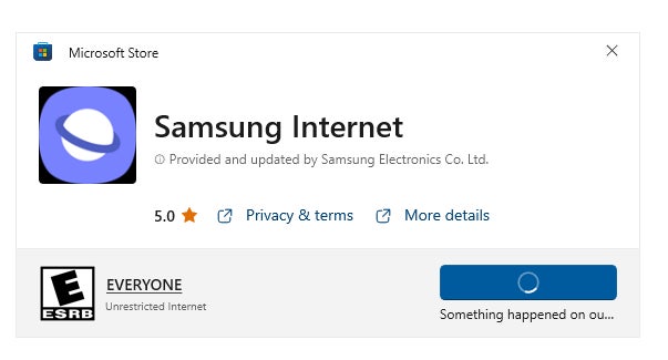 Al intentar descargar Samsung Internet en Windows se produce un error.