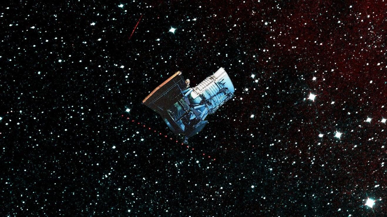 Representación artística del satélite NEOWISE contra el cielo infrarrojo.