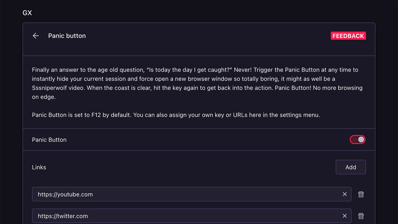 Personalizando el botón de pánico en Opera GX.