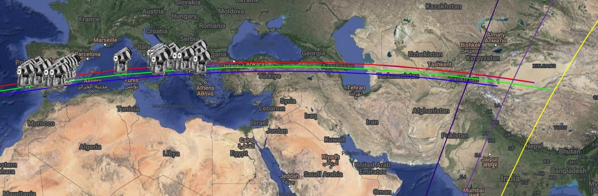 El camino esperado a través de Europa y Asia central. Los iconos de los telescopios indican los observatorios inscritos para observar la ocultación. 