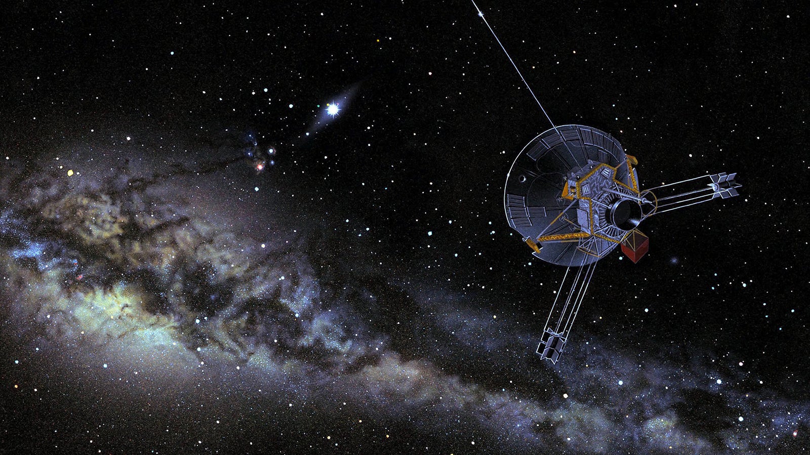 Concepción artística del Pioneer 10 dirigiéndose al espacio interestelar. 