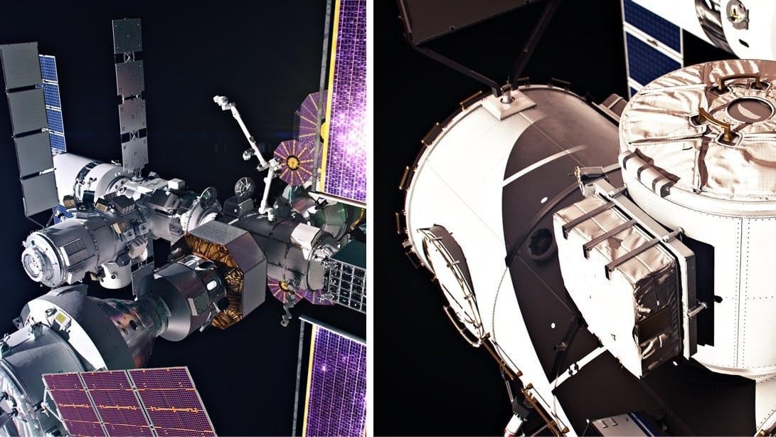 Representación artística de la Puerta lunar (izquierda) y la esclusa de aire (derecha).