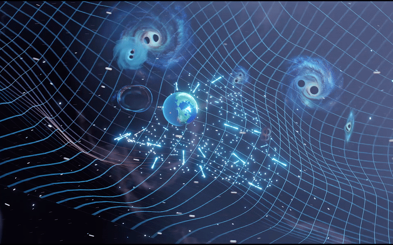 Animación que muestra la Tierra recibiendo luz de púlsares, lo que revela signos de un fondo de ondas gravitacionales provenientes de agujeros negros binarios.