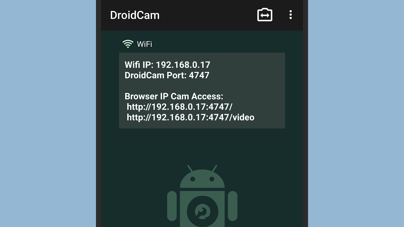 DroidCam le ofrece la opción de conectarse a traves de una dirección IP.