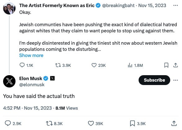 Musk estuvo de acuerdo con un tuit igualmente objetable en noviembre. 
