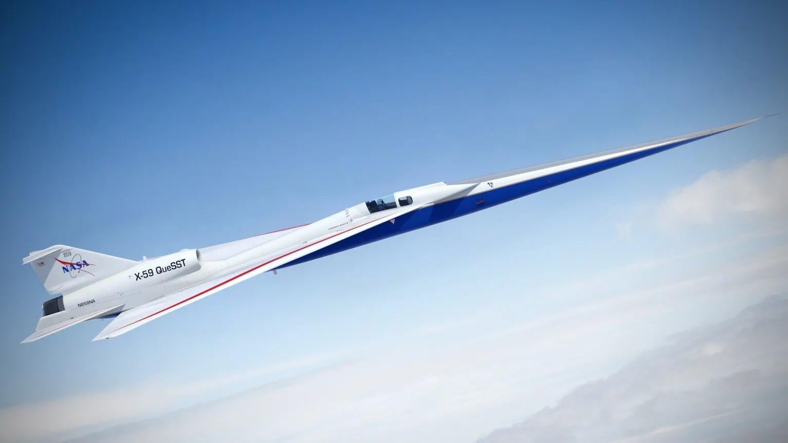Representación artística del X-59 en vuelo.