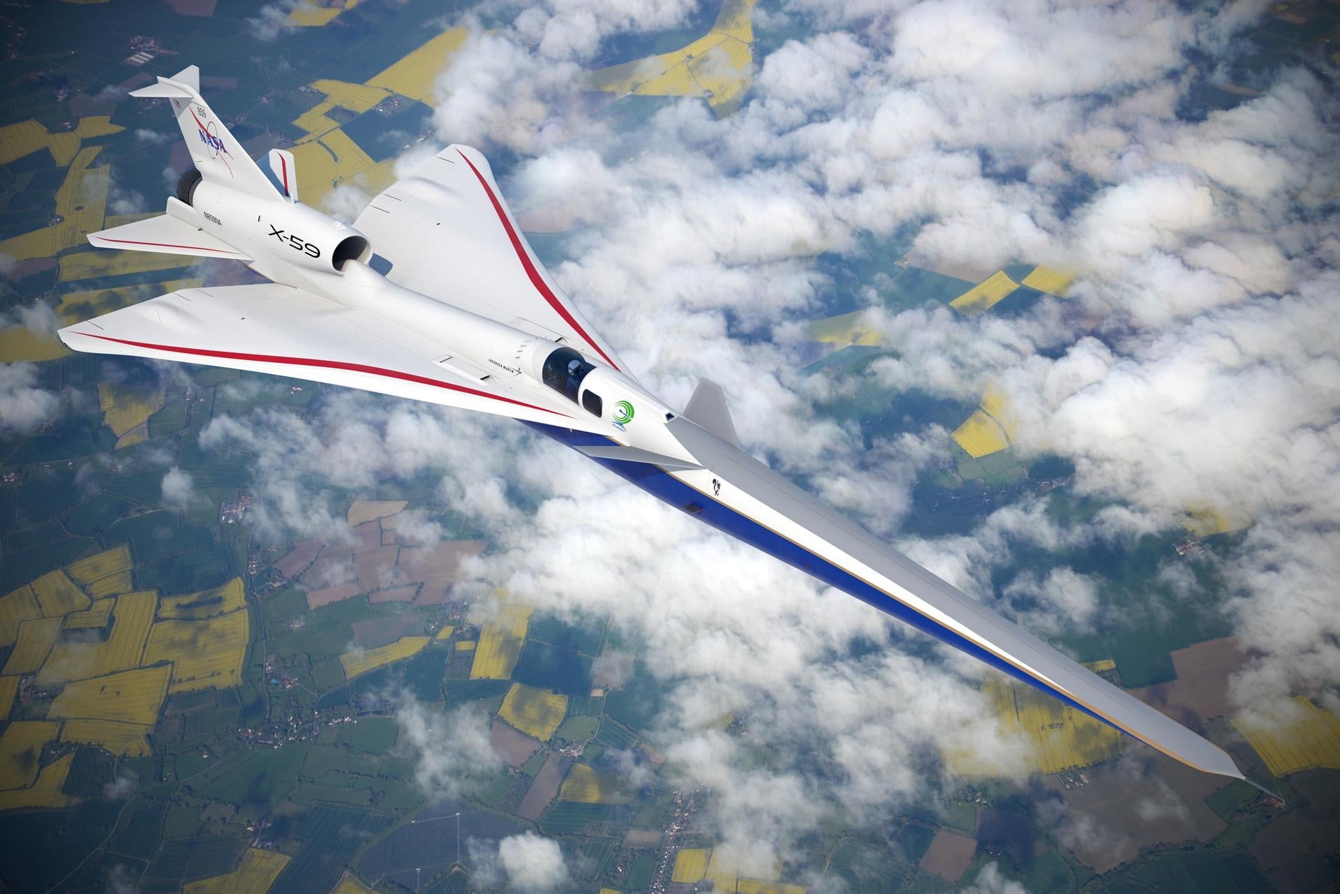 Representación artística del X-59 en vuelo.
