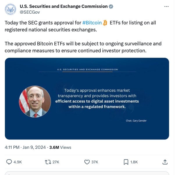Tweet pirateado de la SEC. La información aquí es falsa en el momento de la publicación.