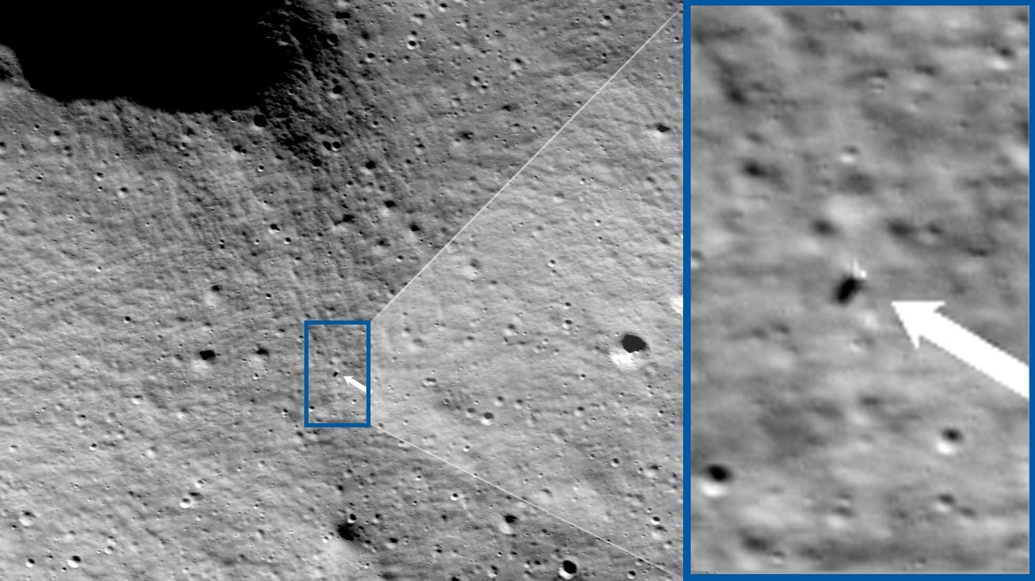 La flecha blanca en el centro de la imagen apunta al módulo de aterrizaje lunar Odysseus en la superficie de la Luna.